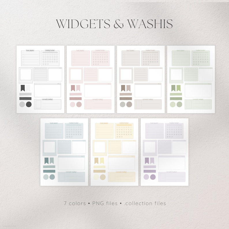 May include: Seven printable planner sticker sheets in different colors, including gray, pink, green, blue, yellow, and purple. Each sheet features a calendar, to-do list, and other widgets. The text "WIDGETS & WASHIS" is at the top of the image.