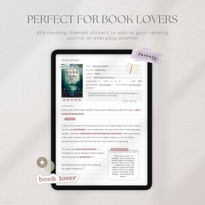 May include: A digital planner page with a book review for "One Dark Window" by Rachel Gill. The review includes a five-star rating, a summary of the book, and the reviewer's thoughts on the story. The page also includes a favorite quote from the book and a sticker that says "book lover".