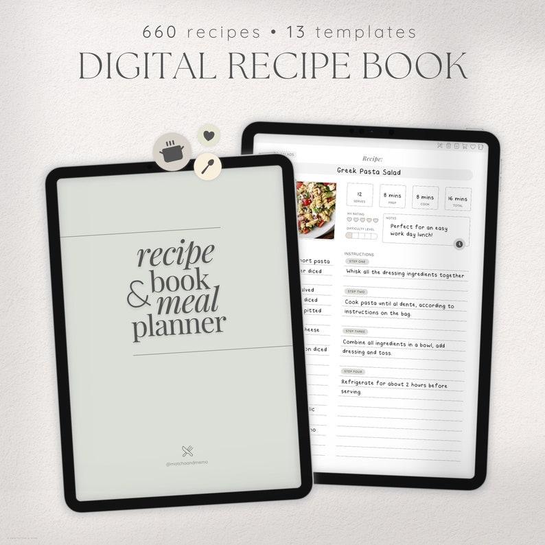 May include: A digital recipe book with a green cover and the text "recipe book & meal planner". The cover is open to reveal a page with a recipe for Greek Pasta Salad. The recipe includes instructions, serving size, prep time, cook time, and total time.