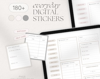 Adesivi digitali quotidiani per planner digitali, adesivi PNG Goodnotes, colori estetici neutri, adesivi per planner di esercizi di cura di sé