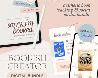 May include: A digital bundle for book lovers, featuring a pink and white background with the text "Bookish Creator" and "Digital Bundle". The bundle includes templates for tracking books read, creating book reviews, and sharing book recommendations on social media.