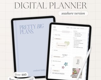 May include: A digital planner on a tablet screen with a light blue background. The planner has the text "Pretty Big Plans" and "undated daily" on the cover. The planner is open to a page with a schedule, to-do list, and appointments. The planner also has a few colorful stickers on the page. The text "over 880 hyperlinked pages!" is at the bottom of the screen.