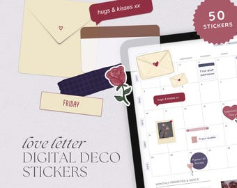 May include: A set of 50 digital stickers featuring a love letter theme. The stickers include envelopes, roses, hearts, and the text "hugs & kisses xx". The stickers are perfect for adding a touch of romance to planners, journals, and other digital projects.