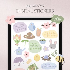 May include: A set of 25 digital stickers featuring spring-themed illustrations. The stickers include a bluebird, a chick, a bee, a bunny, a watering can, a flower bouquet, a hat, a potted plant, a nest with eggs, a rain cloud, a peanut, a bowl of salad, a glass of orange juice, a flower branch, and text that says "Spring has sprung", "Grow where you're planted", "No rain, no flowers", "New beginnings".