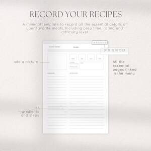 May include: A printable recipe template with sections for adding a picture, listing ingredients, writing instructions, and rating the recipe. The template includes fields for servings, prep time, cook time, total time, difficulty level, and notes.