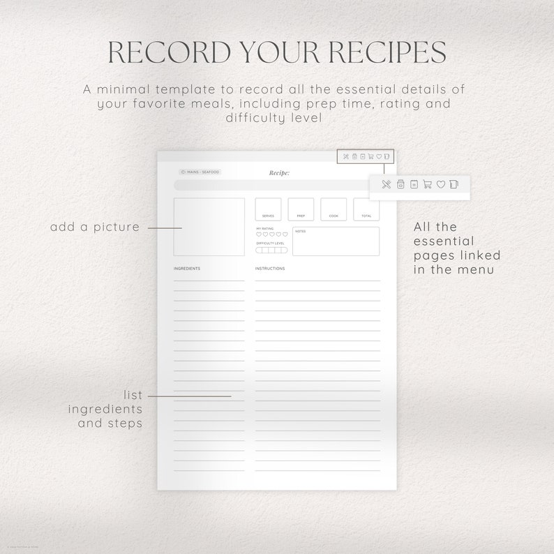 May include: A printable recipe template with sections for adding a picture, listing ingredients, writing instructions, and rating the recipe. The template includes fields for servings, prep time, cook time, total time, difficulty level, and notes.