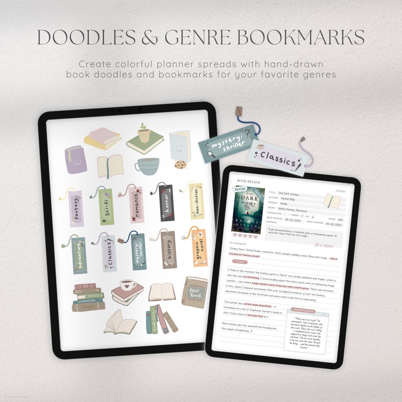 May include: A digital illustration of book doodles and bookmarks for different genres, including fantasy, sci-fi, romance, horror, non-fiction, mystery, thriller, and classics. The doodles are in a variety of colors and styles, and the bookmarks are all rectangular with rounded corners.