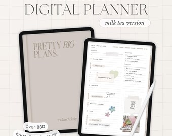 May include: A digital planner app on a tablet screen with the text "Pretty Big Plans" and "undated daily" on the screen. The planner has a milk tea theme with pastel colors and cute illustrations. The app has over 880 hyperlinked pages.