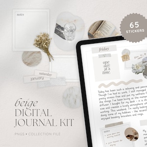 Beige Aesthetic Digital Journal Kit, Neutral Aesthetic Stickers for Digital Planners, Goodnotes Elements, Decorative PNG Stickers