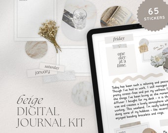 Beige Aesthetic Digital Journal Kit, Neutral Aesthetic Stickers for Digital Planners, Goodnotes Elements, Decorative PNG Stickers