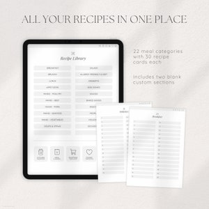 May include: A digital planner for organizing recipes. The planner has 22 categories with 30 recipe cards each. The categories include breakfast, brunch, lunch, appetizers, mains, salads, desserts, side dishes, sauces, baked goods, snacks, people, holidays, and occasions. The planner also includes two blank custom sections. The planner is displayed on a tablet with a white background.