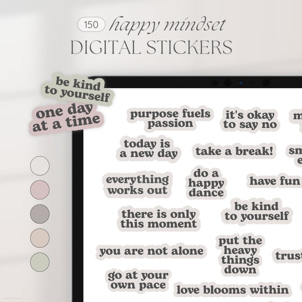 Happy Mindset Digital Stickers, Positive Digital Planner Stickers, Goodnotes Stickers, Positivity Stickers, Positive Quotes, Neutral Colours