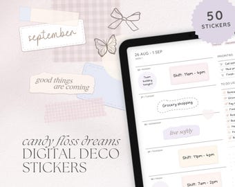 Candy Floss Dreams Digital Deco Stickers, Pink Coquette Aesthetic Stickers for Digital Planners, Goodnotes Elements, Decorative PNG Stickers
