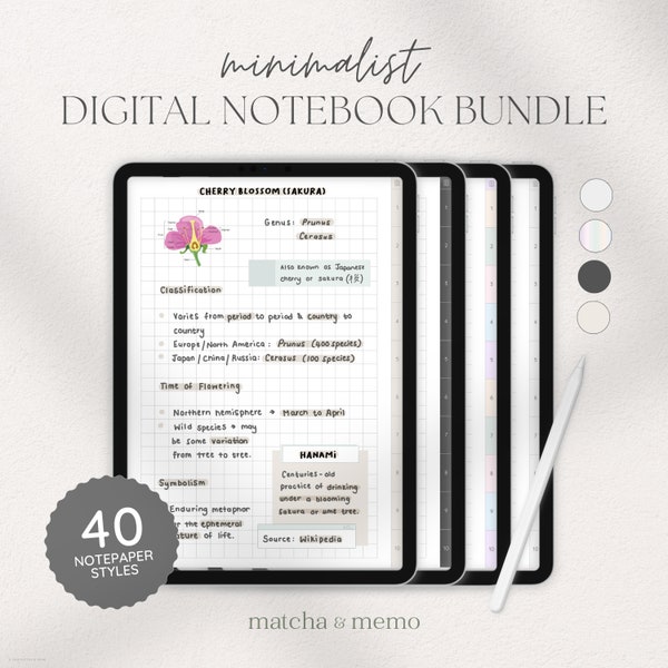 Digital Notebook Bundle, Hyperlinked Study Notebook with 4 Tab Colors, Goodnotes Notebook, Digital Notepaper, Digital Student Notebook
