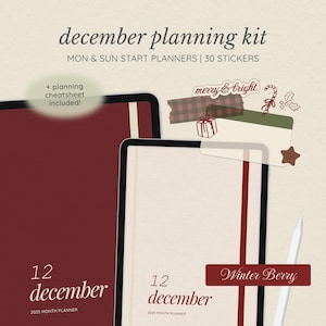December 2025 Digital Planner for Goodnotes: Hyperlinked, Christmas Themed Stickers Included (PDF & PNG Download) image 1