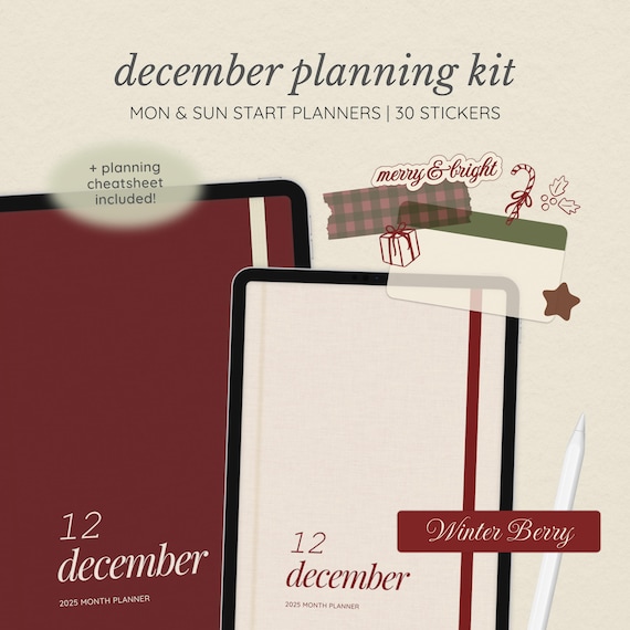 December 2025 Digital Planner for Goodnotes: Hyperlinked, Christmas Themed Stickers Included (PDF & PNG Download)