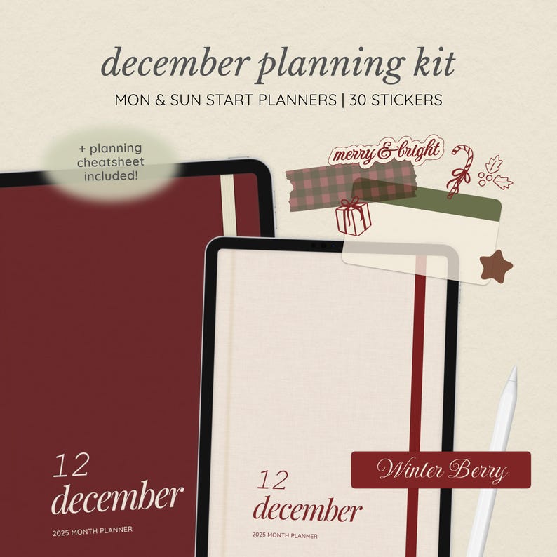December 2025 Digital Planner for Goodnotes: Hyperlinked, Christmas Themed Stickers Included (PDF & PNG Download) image 1