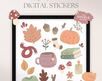 Pegatinas digitales de otoño, pegatinas de otoño para planificador digital, elementos Goodnotes, acogedoras pegatinas Kawaii PNG