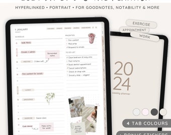 2024 Daily Digital Planner, 2024 Portrait Planner, Monthly Weekly & Daily Planner, Minimal Goodnotes Planner, iPad Planner, 2024 Calendar