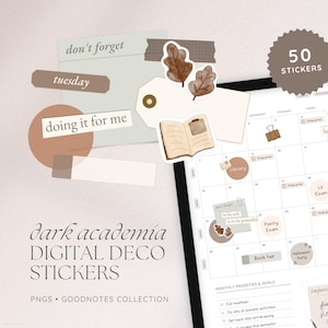 Dark Academia Digital Deco Stickers, Bookish Aesthetic Stickers for Digital Planners, Goodnotes Elements, Decorative PNG Stickers