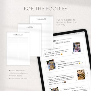 May include: A digital planner with a pink heart and the text "Food Memories" on the cover. The planner has sections for recommendations, vision board, and a foodie bucket list. The planner also includes a section for food memories with photos and descriptions of different food experiences.