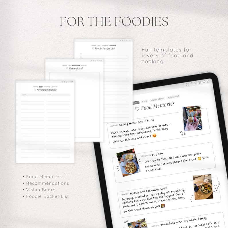May include: A digital planner with a pink heart and the text "Food Memories" on the cover. The planner has sections for recommendations, vision board, and a foodie bucket list. The planner also includes a section for food memories with photos and descriptions of different food experiences.