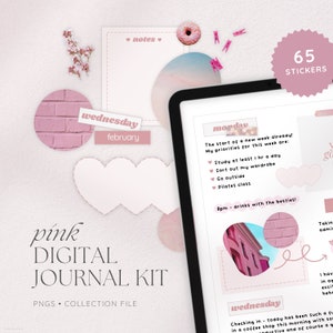 May include: A digital planner sticker kit with 65 pink and white stickers featuring illustrations of hearts, brick walls, and houses. The stickers include text such as "wednesday", "february", "monday", and "8pm - drinks with the besties!"