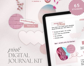 Roze esthetische digitale dagboekkit, schattige girly esthetische stickers voor digitale planners, Goodnotes Elements, decoratieve PNG-stickers