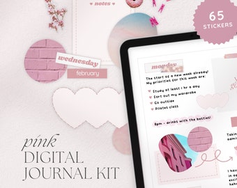 Pink Aesthetic Digital Journal Kit, Cute Girly Aesthetic Stickers for Digital Planners, Goodnotes Elements, Decorative PNG Stickers