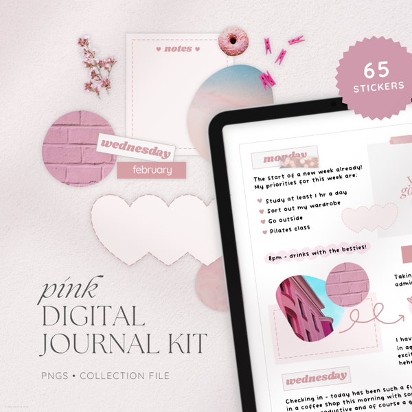 Pink Aesthetic Digital Journal Kit, Cute Girly Aesthetic Stickers for Digital Planners, Goodnotes Elements, Decorative PNG Stickers