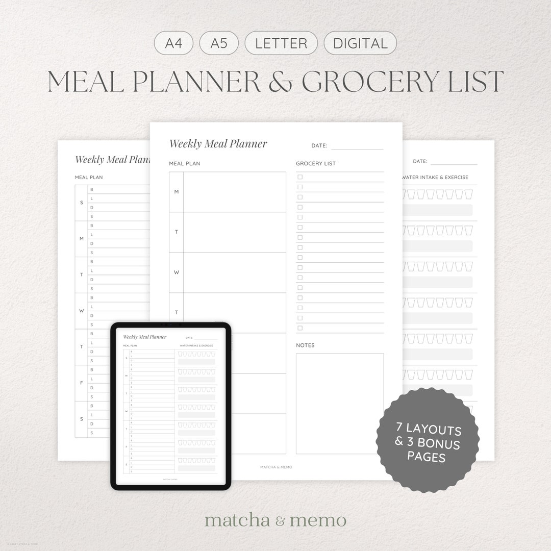 Meal Planner Printable Template Bundle With Grocery List, Water ...