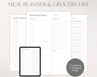 Meal Planner Printable Template Bundle with Grocery List, Water & Exercise Tracker, A4/A5/US Letter, Digital Planner Template