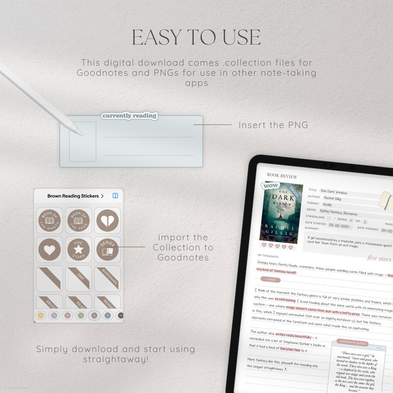 May include: A digital download for Goodnotes and other note-taking apps. The image shows a digital planner with a book review, a sticker set with brown reading stickers, and a note with the text "currently reading".