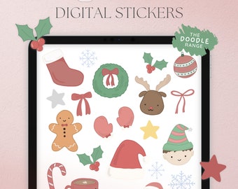 May include: A digital sheet of 25 Christmas themed stickers featuring illustrations of a gingerbread man, a snowman, a reindeer, a Christmas tree, a stocking, a wreath, a candy cane, a mug of hot chocolate, a star, a snowflake, mittens, a Santa hat, an elf, a Christmas ornament, and a string of Christmas lights. The text "The Doodle Range" is in a green circle at the top of the image.