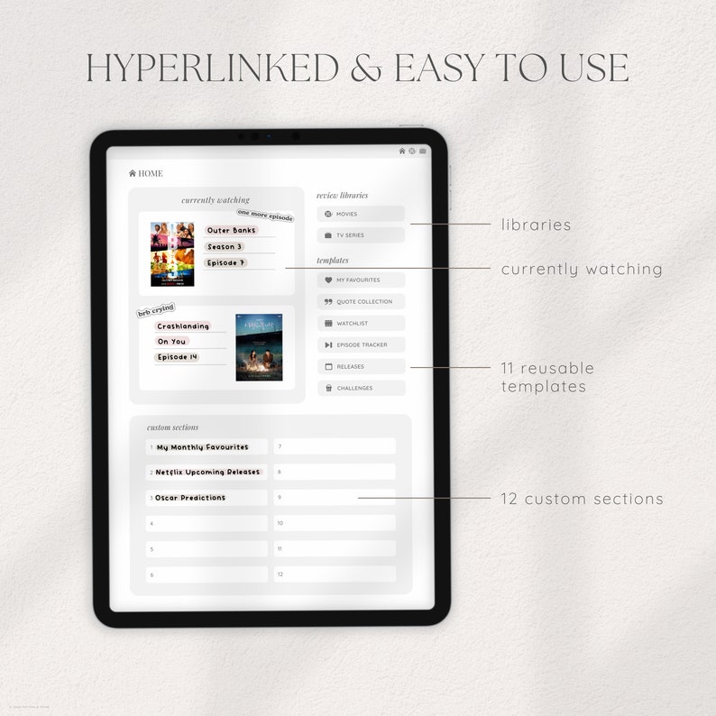 May include: A digital planner app interface with a white background and gray text. The app has a home screen with sections for "currently watching", "review libraries", "templates", and "custom sections". The app is designed to help users organize their entertainment and media consumption.
