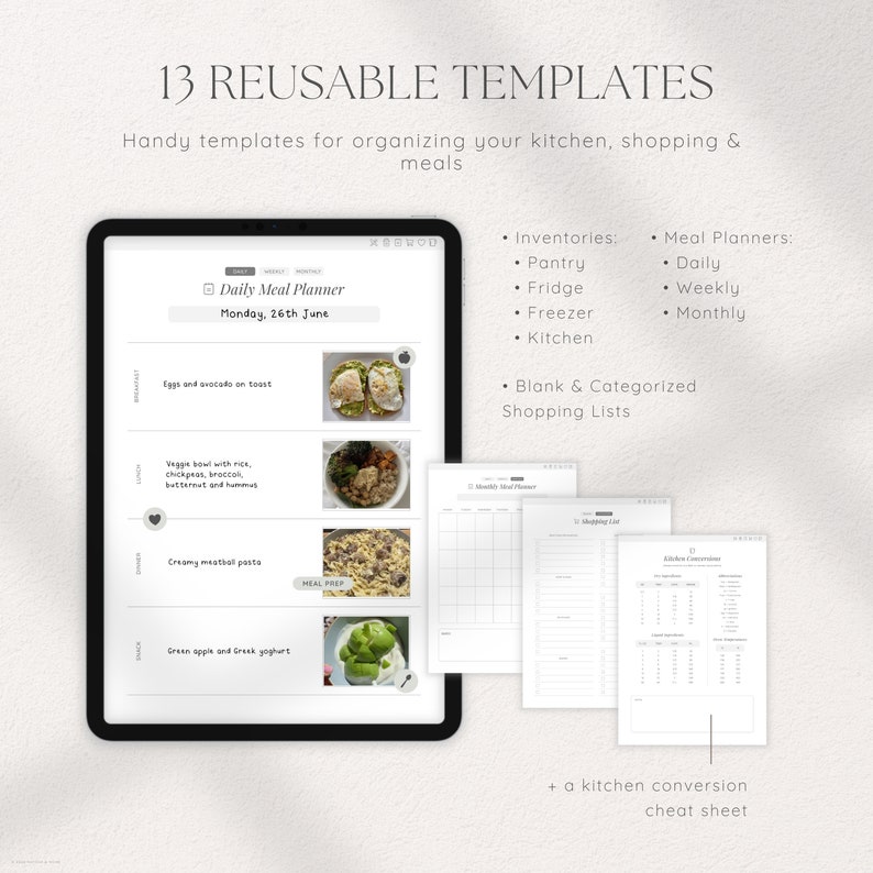May include: A digital tablet displaying a set of 13 printable meal planner templates. The templates include daily, weekly, and monthly meal planners, pantry, fridge, freezer, and kitchen inventory lists, blank shopping lists, and a kitchen conversion cheat sheet.