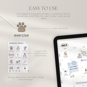 Puede incluir: Un planificador digital para due&ntilde;os de perros con una p&aacute;gina de calendario de julio que presenta una pegatina de un perro con collar y correa. El planificador incluye una colecci&oacute;n de iconos para Goodnotes, como ejercicio, viaje, aseo, golosina, cepillado de dientes, corte de u&ntilde;as, cuidado de perros, fecha de juego y vacuna.