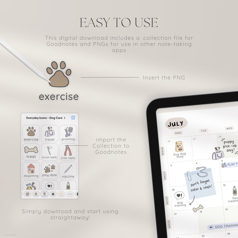 Puede incluir: Un planificador digital para due&ntilde;os de perros con una p&aacute;gina de calendario de julio que presenta una pegatina de un perro con collar y correa. El planificador incluye una colecci&oacute;n de iconos para Goodnotes, como ejercicio, viaje, aseo, golosina, cepillado de dientes, corte de u&ntilde;as, cuidado de perros, fecha de juego y vacuna.