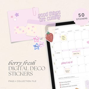Puede incluir: Un conjunto de 50 pegatinas digitales para planificadores con un esquema de color rosa y blanco con estrellas, una fresa y el texto "good things are coming". Las pegatinas están diseñadas para usar en planificadores y diarios digitales.
