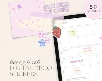 May include: A set of 50 digital planner stickers featuring a pink and white color scheme with stars, a strawberry, and the text "good things are coming". The stickers are designed for use in digital planners and journals.