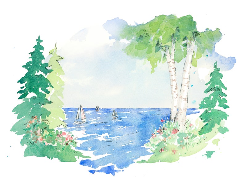 Harbor Days, Watercolor Art Print by Elizabeth Manning, 8.5x11in image 2
