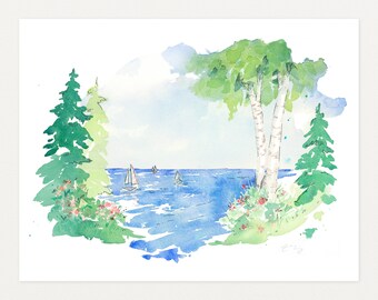 Harbor Days, Watercolor Art Print by Elizabeth Manning, 8.5x11in