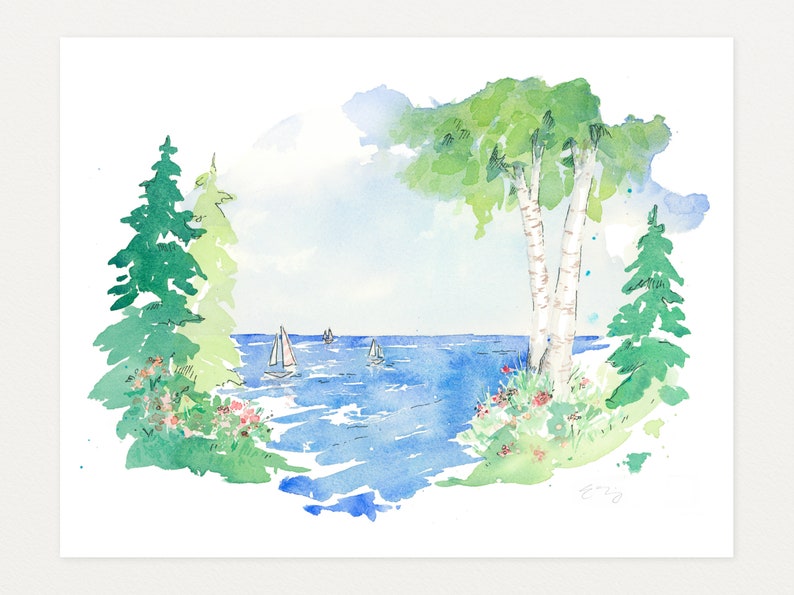 Harbor Days, Watercolor Art Print by Elizabeth Manning, 8.5x11in image 1