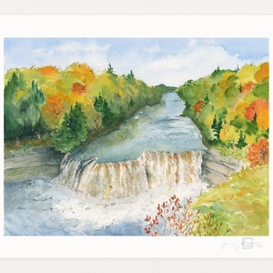 Upper Falls in Autumn, Watercolor Art Print by Elizabeth Manning, Limited Edition, 11x14, 17x22in image 1