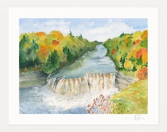 Upper Falls in Autumn, Watercolor Art Print by Elizabeth Manning, Limited Edition, 11x14, 17x22in