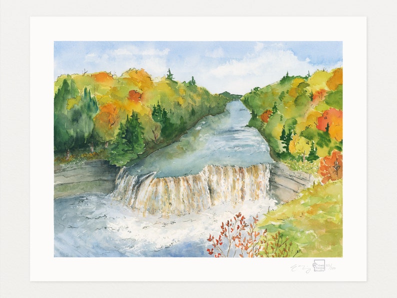 Upper Falls in Autumn, Watercolor Art Print by Elizabeth Manning, Limited Edition, 11x14, 17x22in image 1