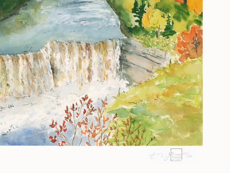 Upper Falls in Autumn, Watercolor Art Print by Elizabeth Manning, Limited Edition, 11x14, 17x22in image 2