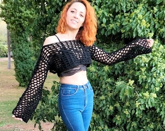 Black Crochet Shrug, Long Sleeve Crop Top, Crochet Bolero, Bolero Sweater, Hand Knitted, Handmade, Custom Made, Y2K Crop Top