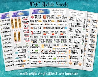 School Tiny Icon Planner Sticker Sheet | 4&quot;x6&quot; Kiss-Cut Matte Vinyl, 7 Designs | Elementary Back to School Agenda, Journal Decoration, To-Do