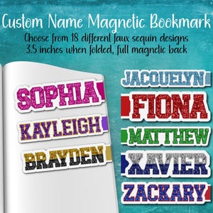 Faux Sequin Custom Name Magnetic Bookmark | 18 Different Designs